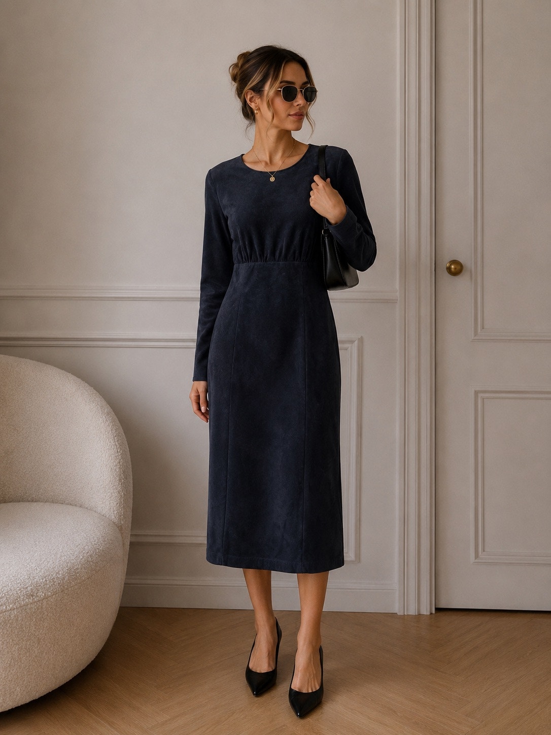 Danier Black Genuine Suede Leather Midi Dress Women’s Small Long Sleeve Zip